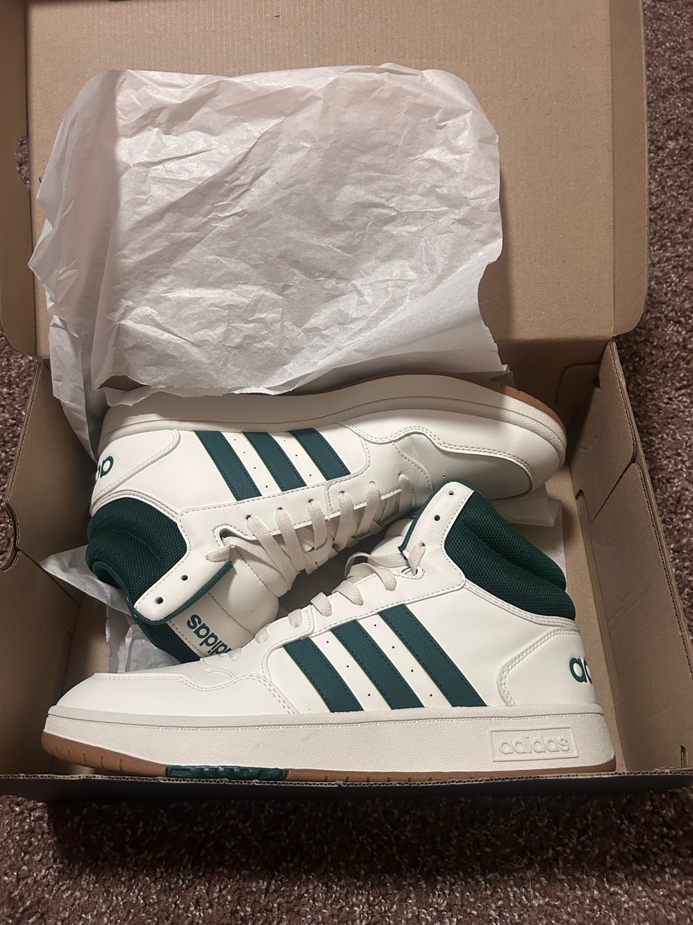 adidas White High-Top Sneakers with Dark Green Accents